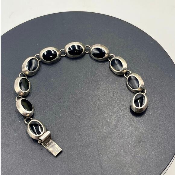 Sterling Silver 925 Vintage Ten Oval Onyx Inlay Linked Bracelet 15.7 Gram, Sz 7 - Picture 4 of 11